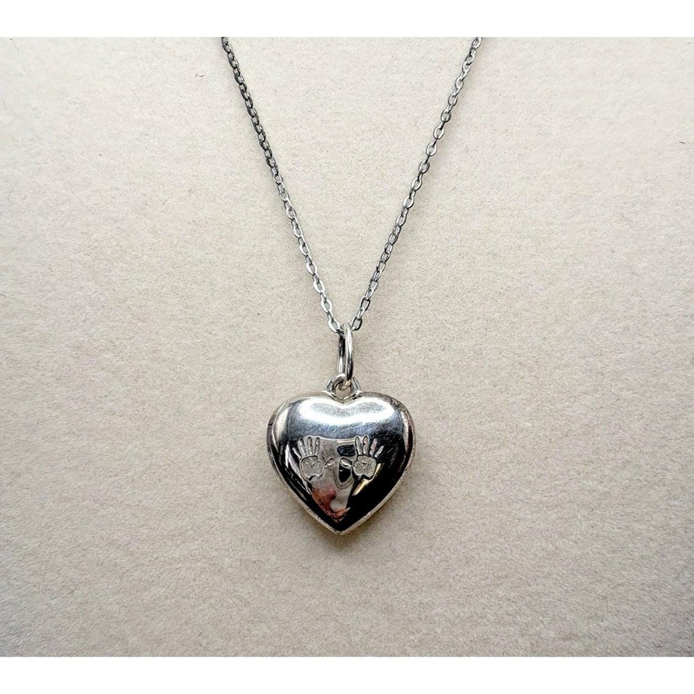 Vintage Sterling Silver Heart Locket Necklace Love You Always Hand Prints READ